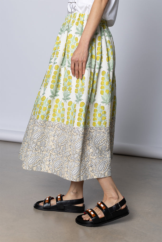 Panelled Floral Skirt - Lime/Ecru