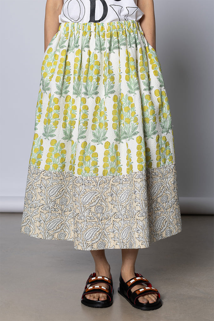 Panelled Floral Skirt - Lime/Ecru
