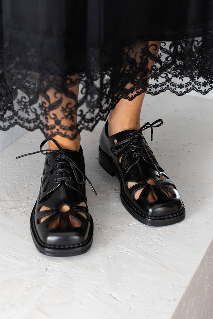 Daisy Cut Out Square Toe Brogue - Black