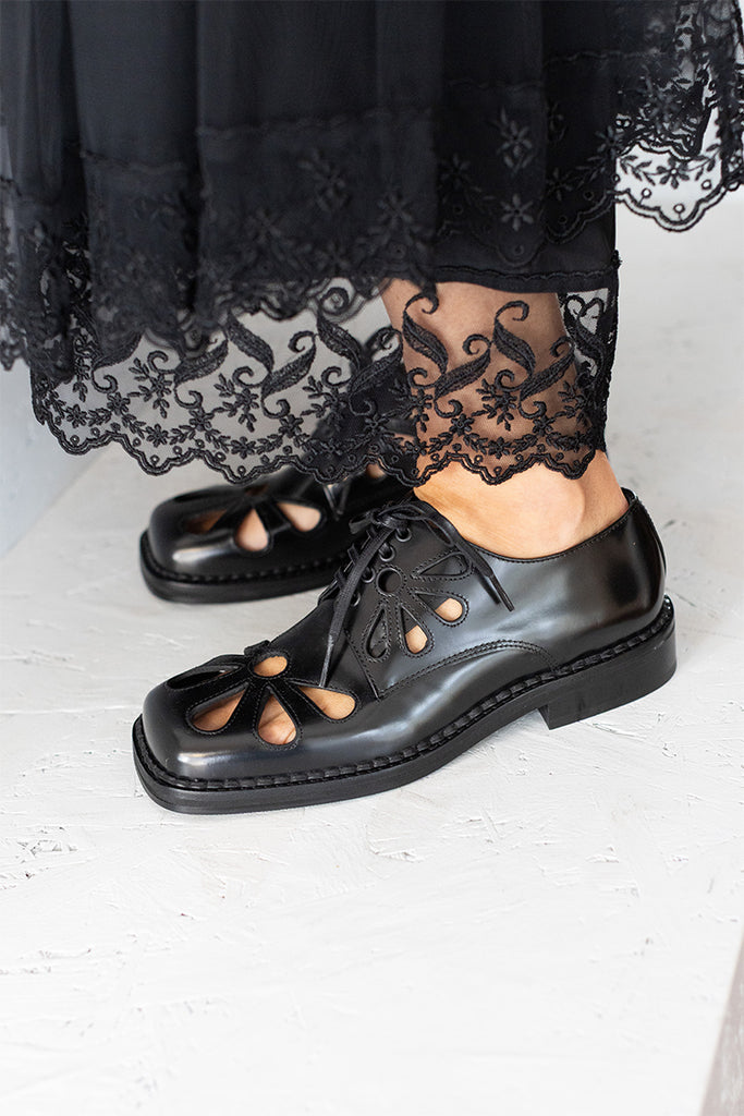 Daisy Cut Out Square Toe Brogue - Black