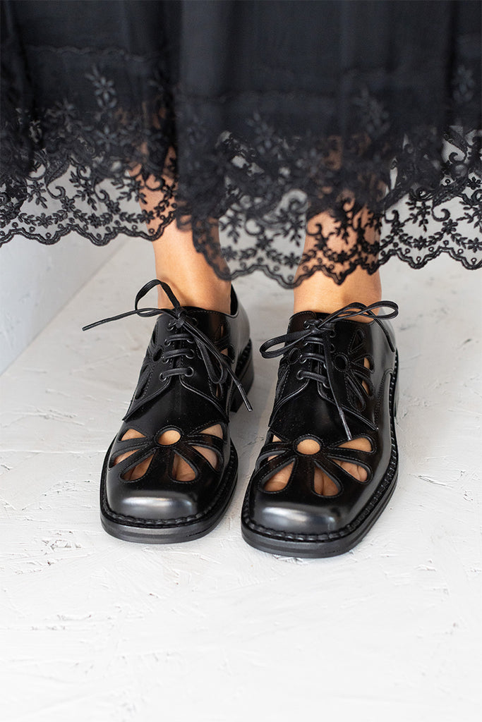 Daisy Cut Out Square Toe Brogue - Black