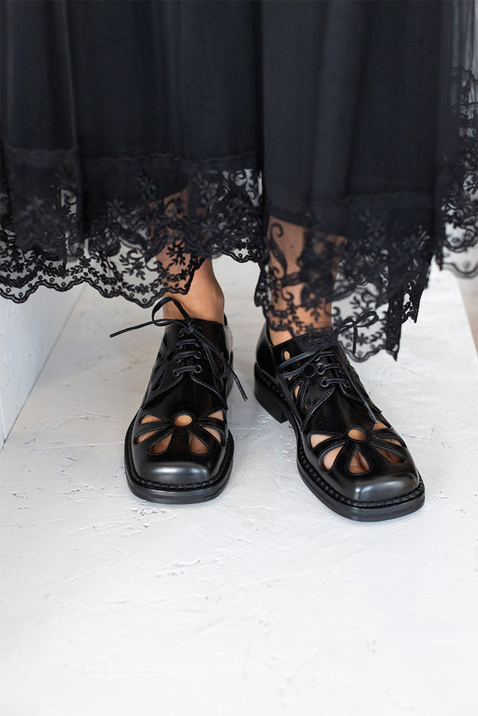 Daisy Cut Out Square Toe Brogue - Black