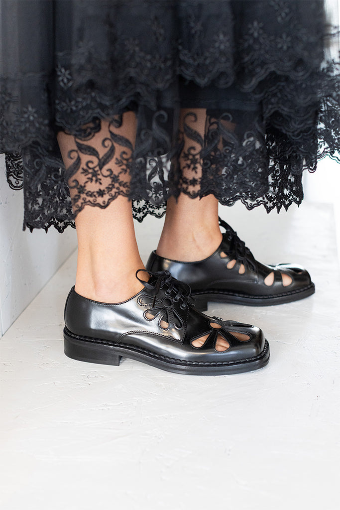 Daisy Cut Out Square Toe Brogue - Black