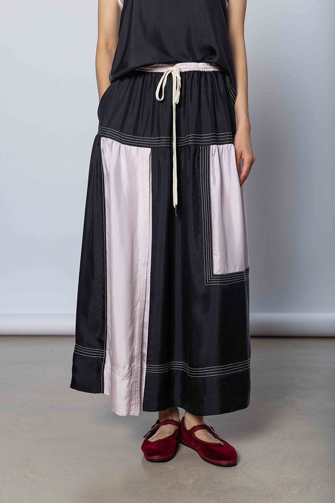 Silk Twill Drop Waist Skirt - Printer Black/White Lilac