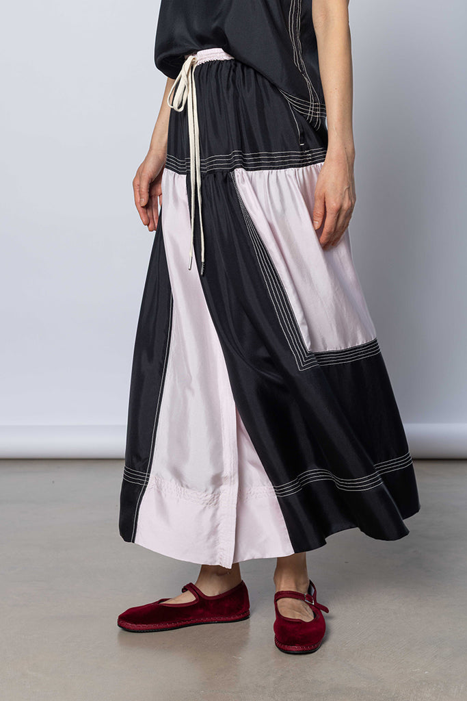 Silk Twill Drop Waist Skirt - Printer Black/White Lilac