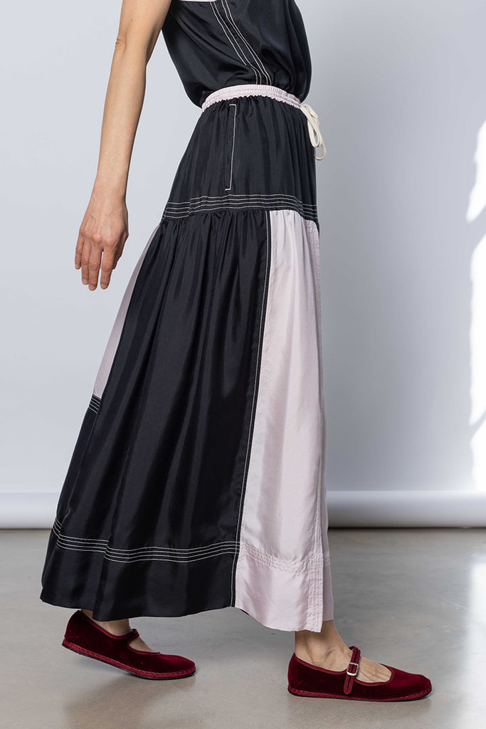 Silk Twill Drop Waist Skirt - Printer Black/White Lilac