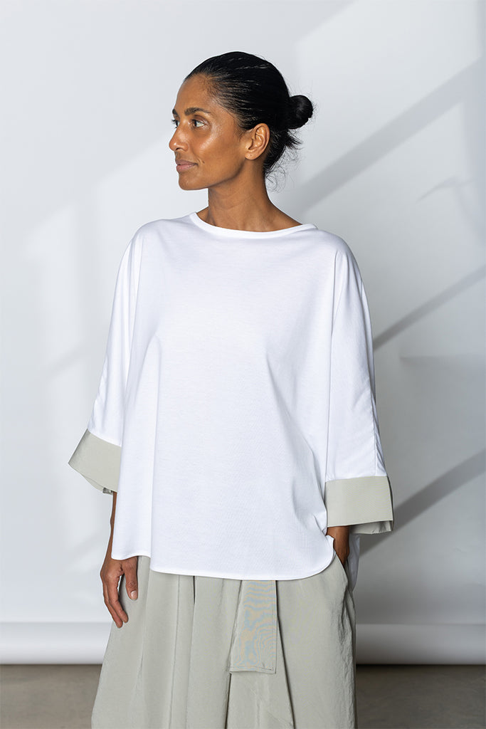 Contrast Cuff Round Neck T-Shirt - White