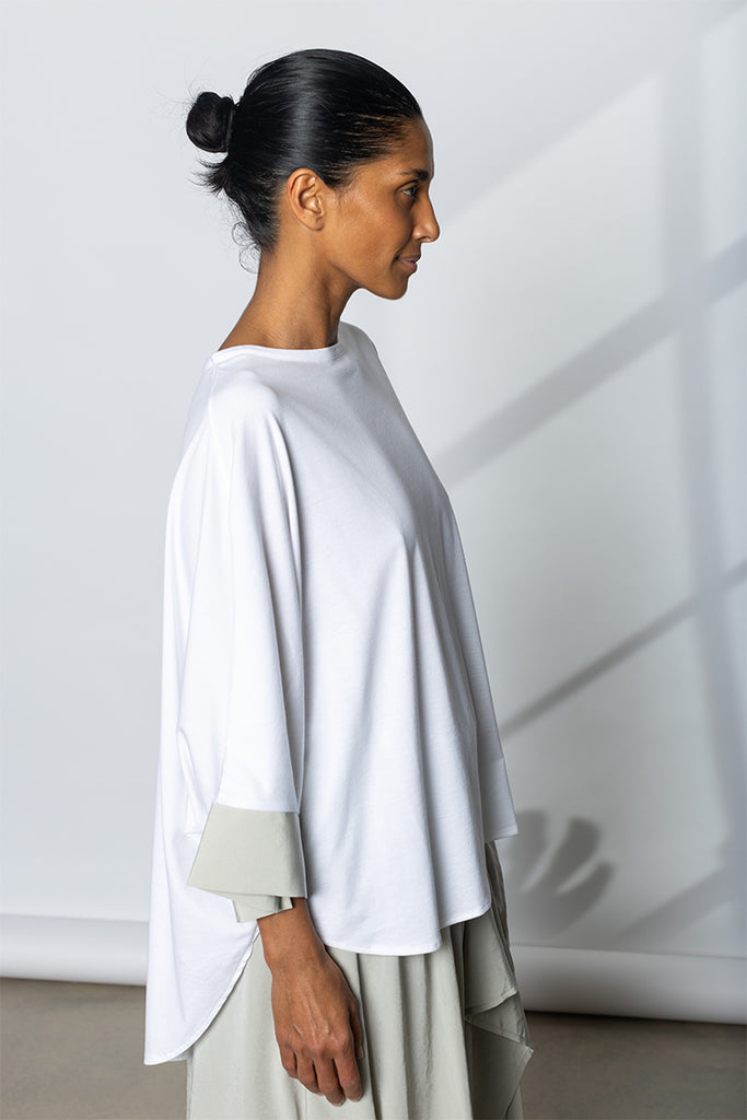 Contrast Cuff Round Neck T-Shirt - White