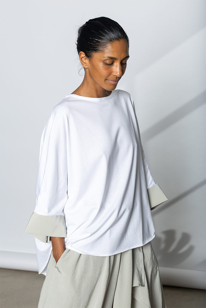 Contrast Cuff Round Neck T-Shirt - White