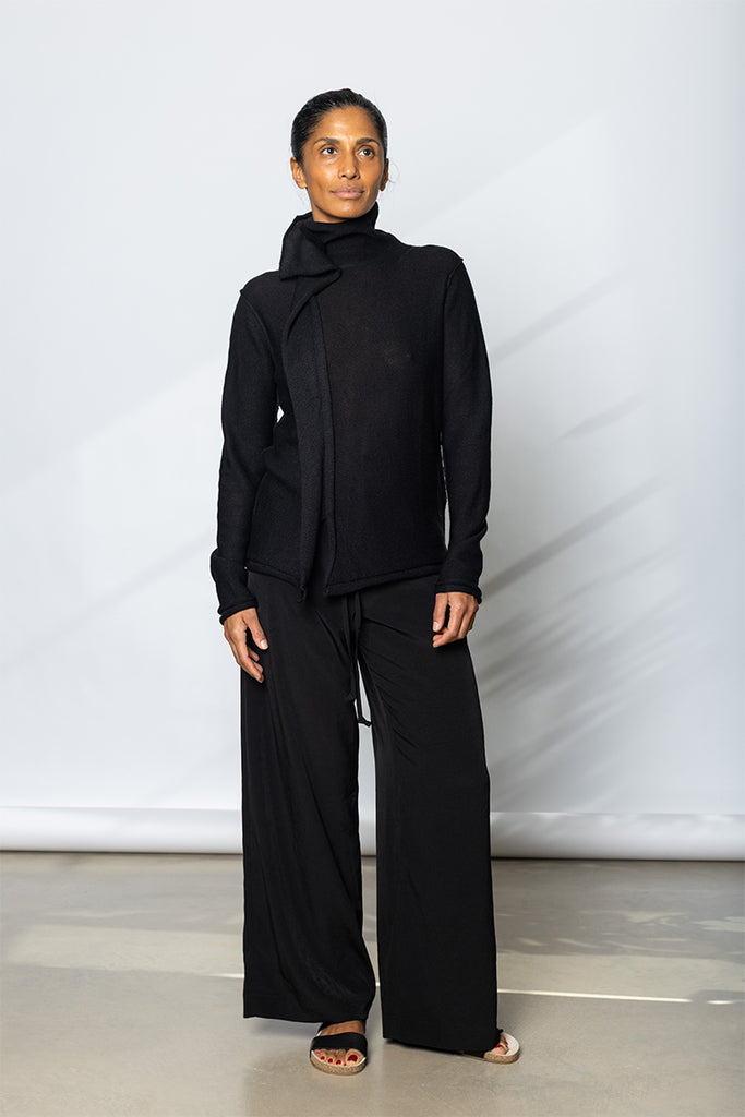 Wide Leg Drawstring Waist Pants - Black