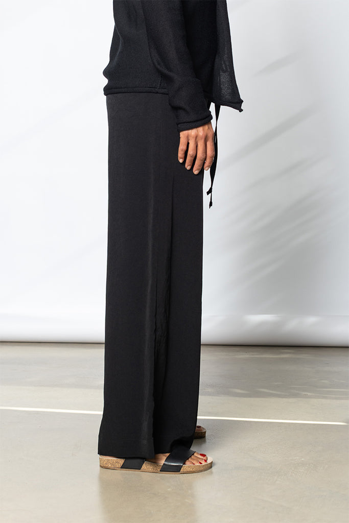 Wide Leg Drawstring Waist Pants - Black