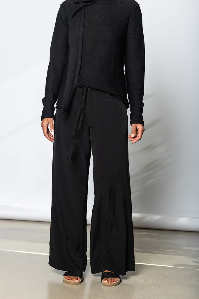 Wide Leg Drawstring Waist Pants - Black