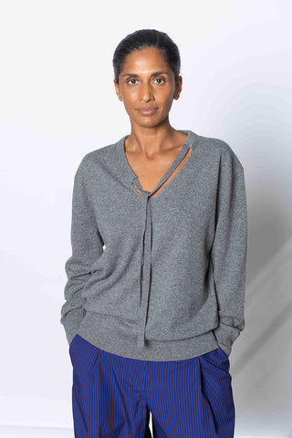 V Neck Sweater With Ties - Grey Melange