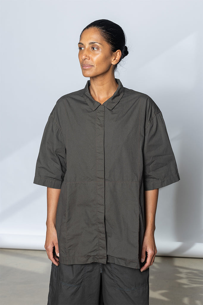 Garment Dyed Boxy Short Sleeve Shirt - Dark Olive Green
