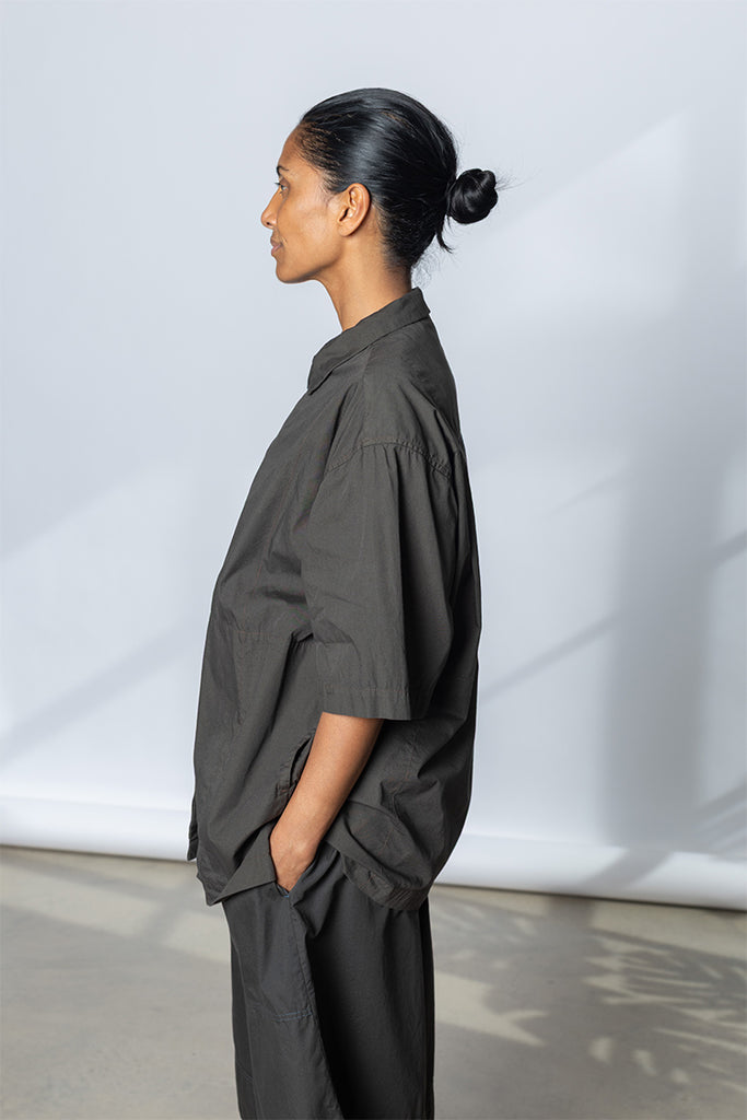 Garment Dyed Boxy Short Sleeve Shirt - Dark Olive Green