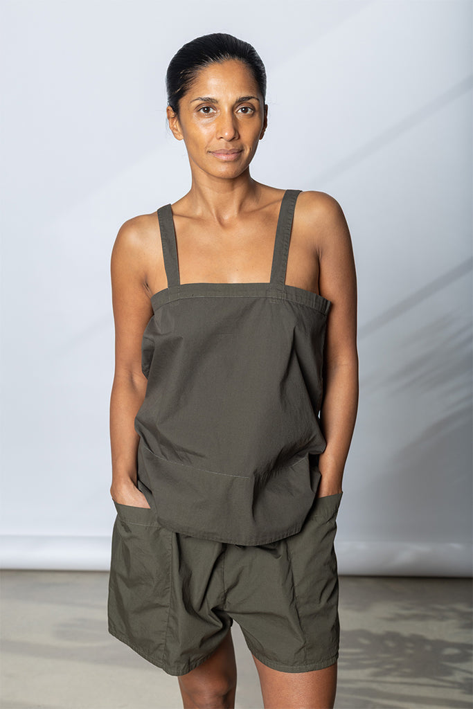 Garment Dyed Poplin Camisole Top - Dark Olive Green