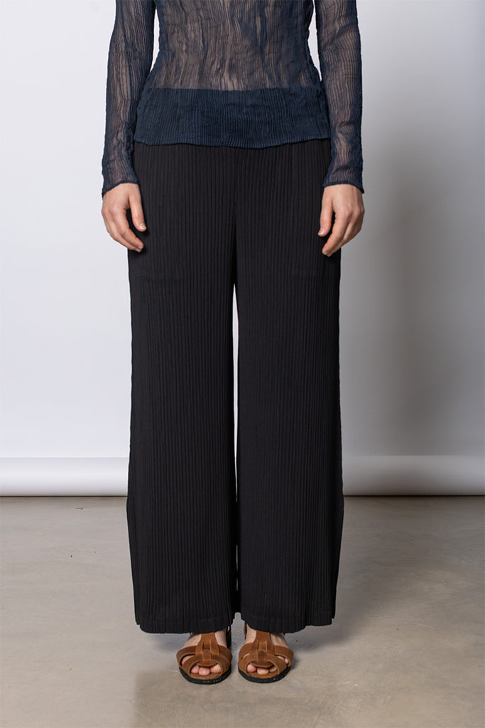 Hatching Pleats Wide Leg Pants - Black