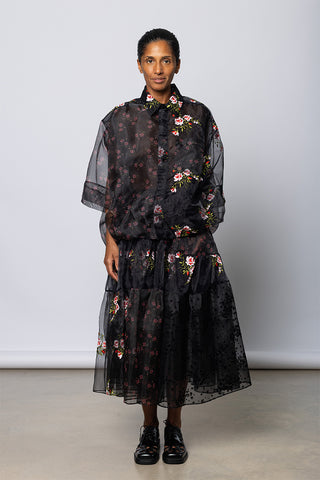 Sheer Patchwork Balloon Hem Shirt - Black