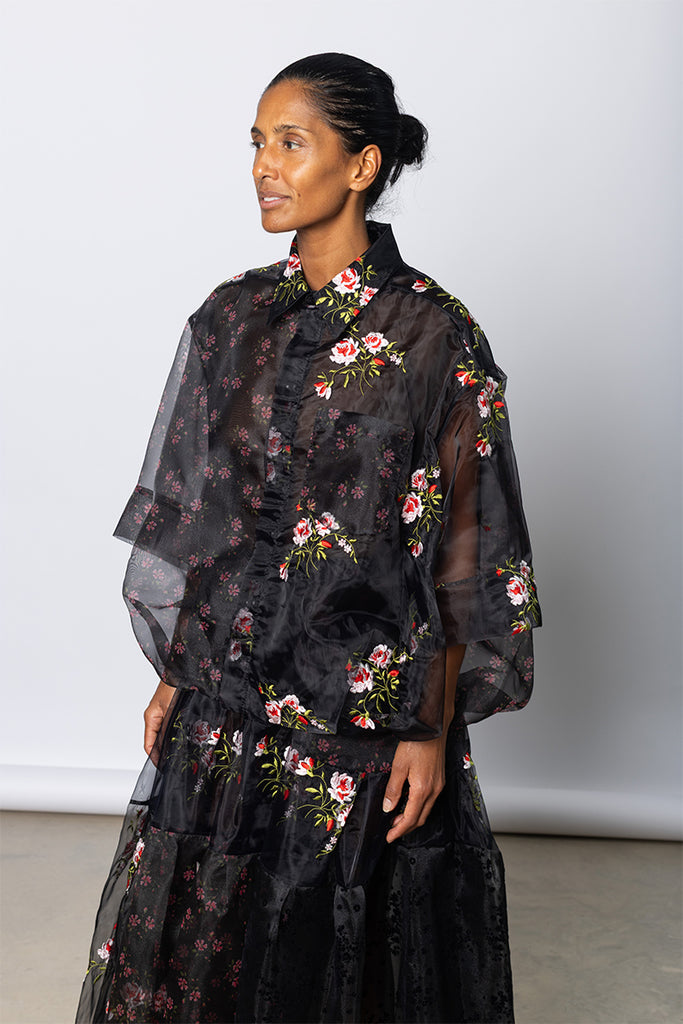 Sheer Patchwork Balloon Hem Shirt - Black