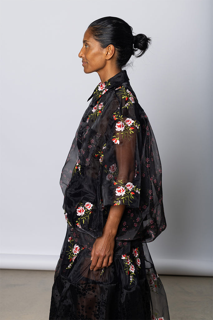 Sheer Patchwork Balloon Hem Shirt - Black