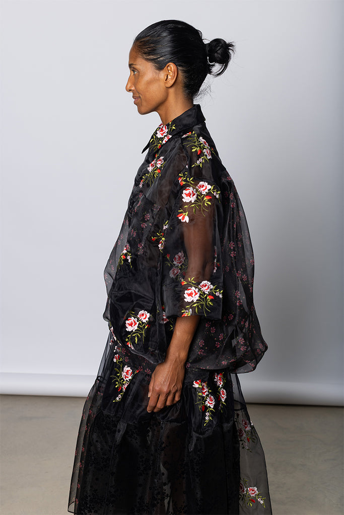 Sheer Patchwork Balloon Hem Shirt - Black