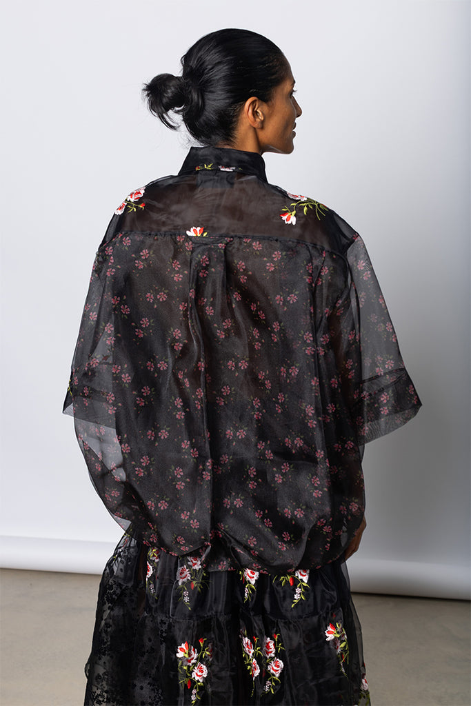 Sheer Patchwork Balloon Hem Shirt - Black