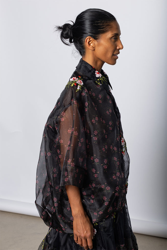 Sheer Patchwork Balloon Hem Shirt - Black