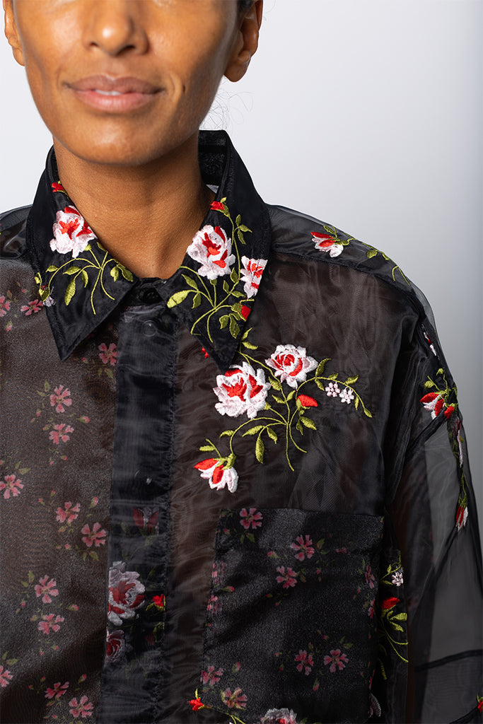 Sheer Patchwork Balloon Hem Shirt - Black