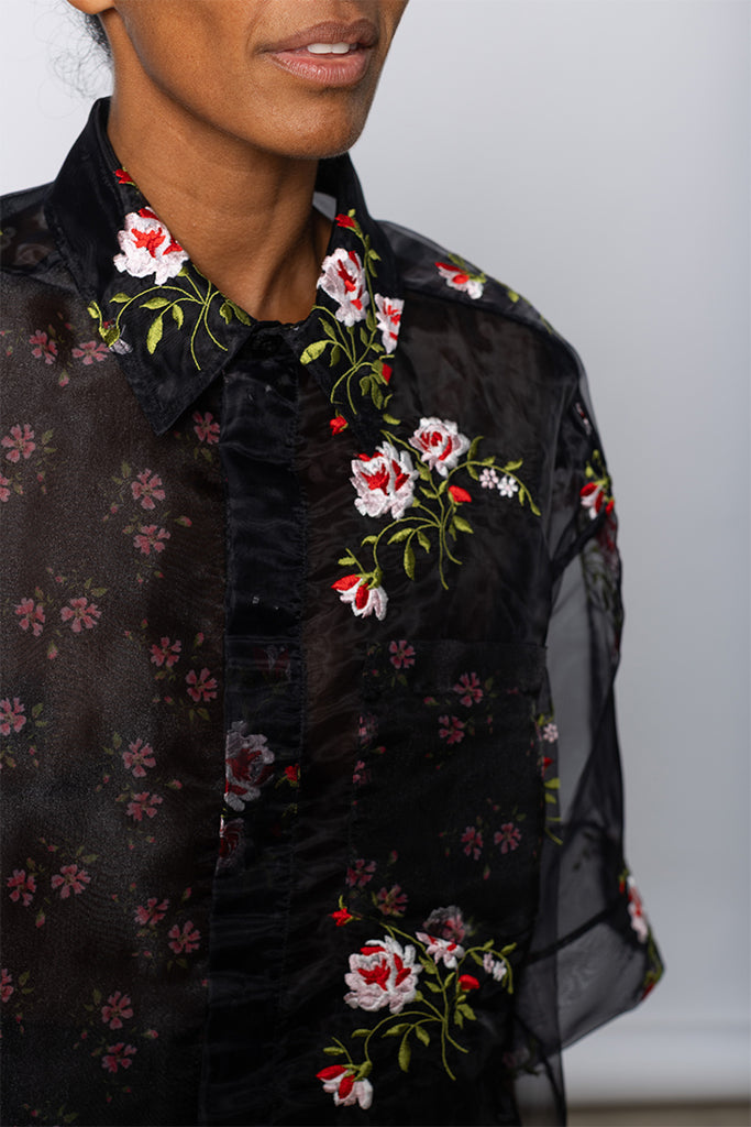 Sheer Patchwork Balloon Hem Shirt - Black