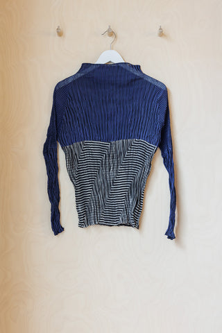 Issey Miyake Pleated Stripes Top - Black/Blue/White
