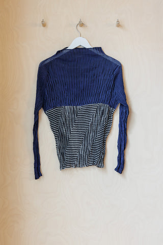 Issey Miyake Pleated Stripes Top - Black/Blue/White