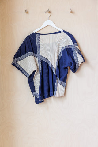 Issey Miyake Block Pleats Top - Navy/Cream
