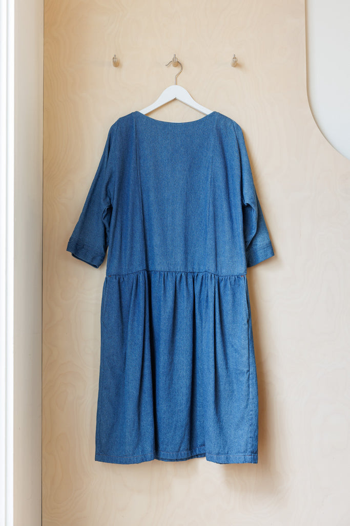 Tartan Denim Dropped Waist Dress - Indigo