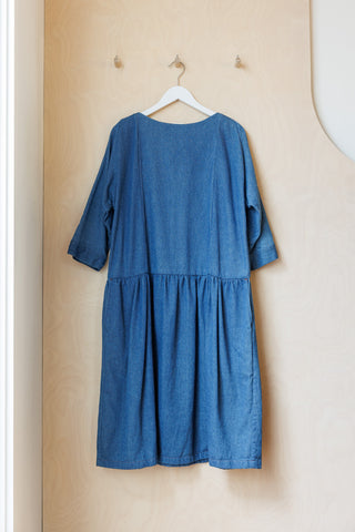Tartan Denim Dropped Waist Dress - Indigo