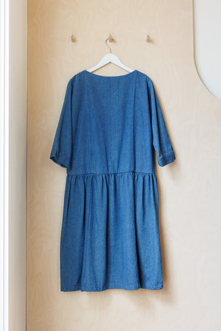 Tartan Denim Dropped Waist Dress - Indigo