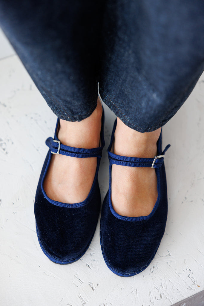 Velvet Mary Jane Slippers - Navy