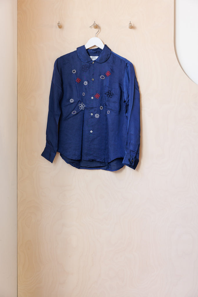 Comme Des Garçons Satin Floral Motif Blouse - Navy