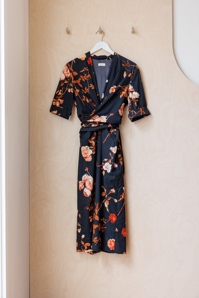 Dries Van Noten Floral Wrap Dress - Black/Orange