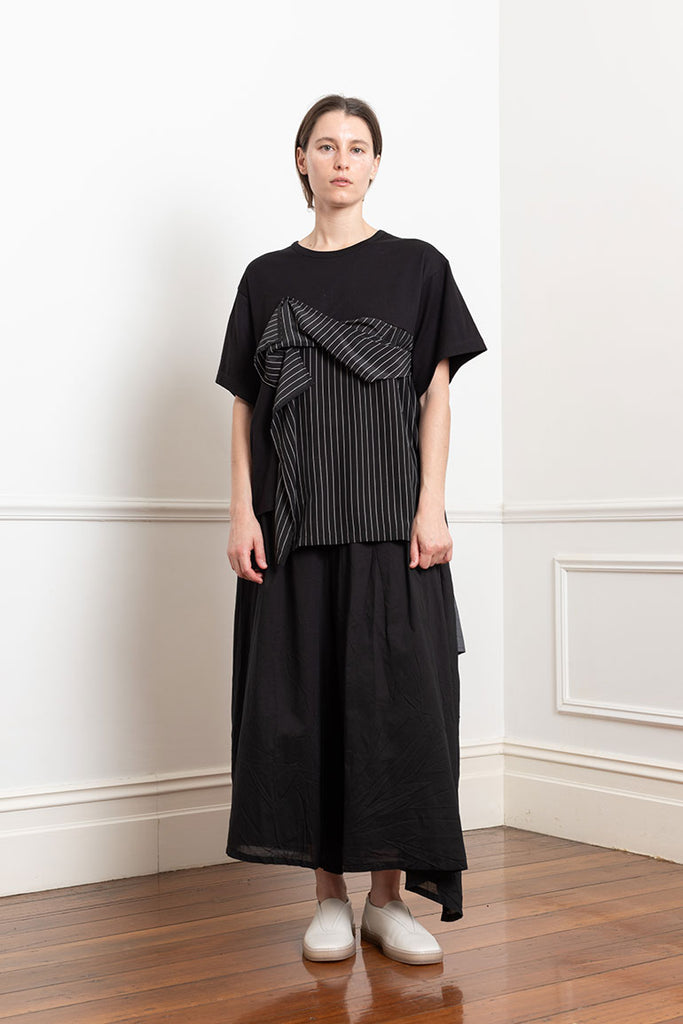 Draped Front Pinstripe T-Shirt - Black