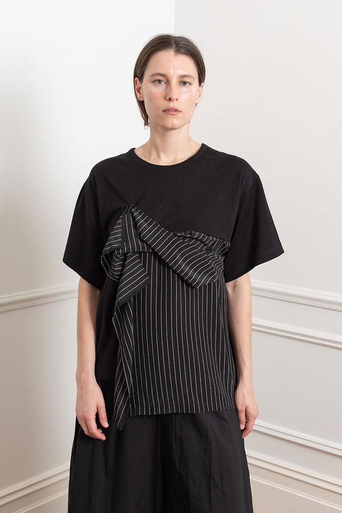 Draped Front Pinstripe T-Shirt - Black