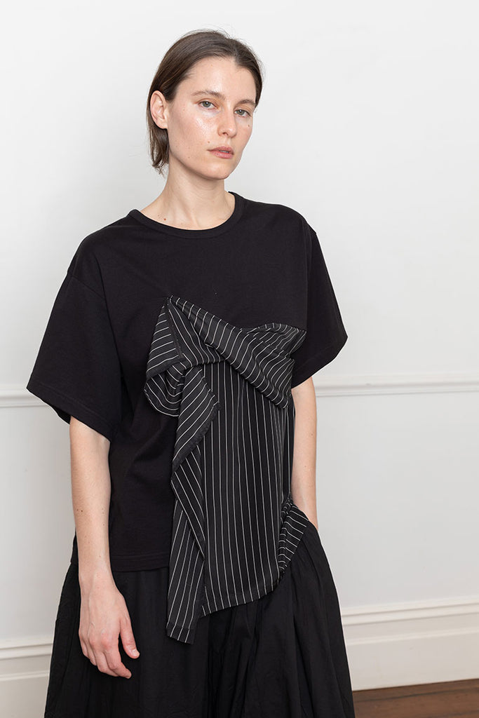 Draped Front Pinstripe T-Shirt - Black