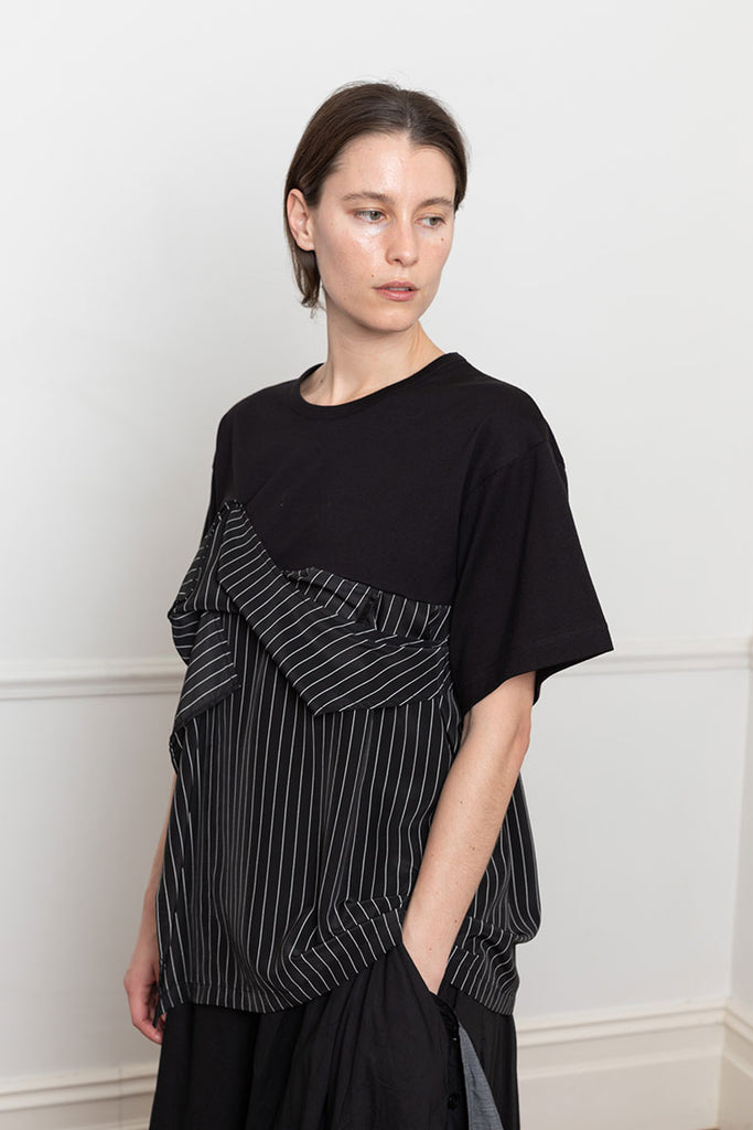 Draped Front Pinstripe T-Shirt - Black