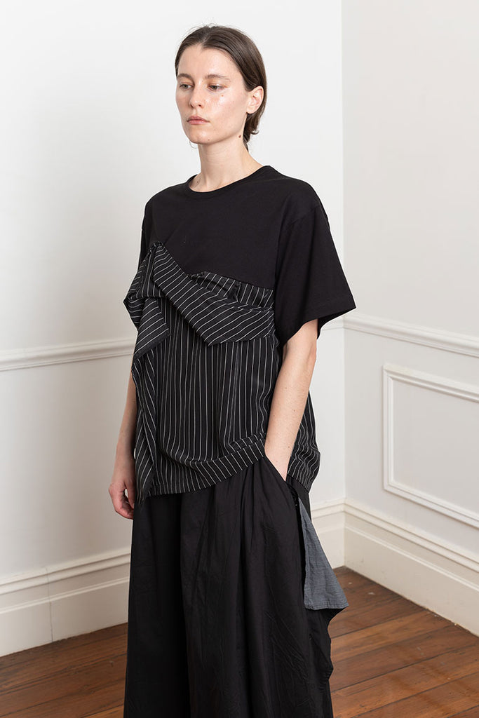 Draped Front Pinstripe T-Shirt - Black