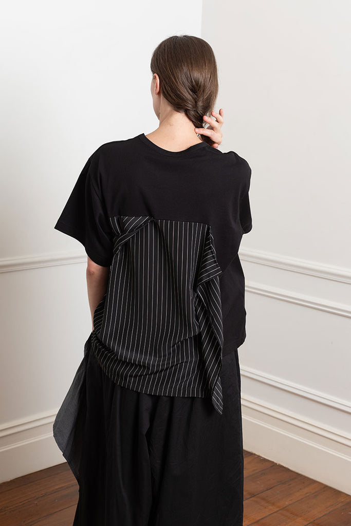 Draped Front Pinstripe T-Shirt - Black