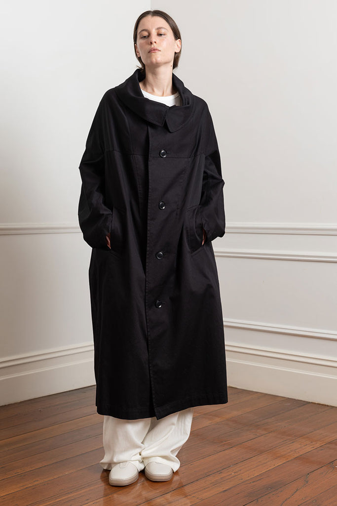 Cape Collar Cotton Coat - Black