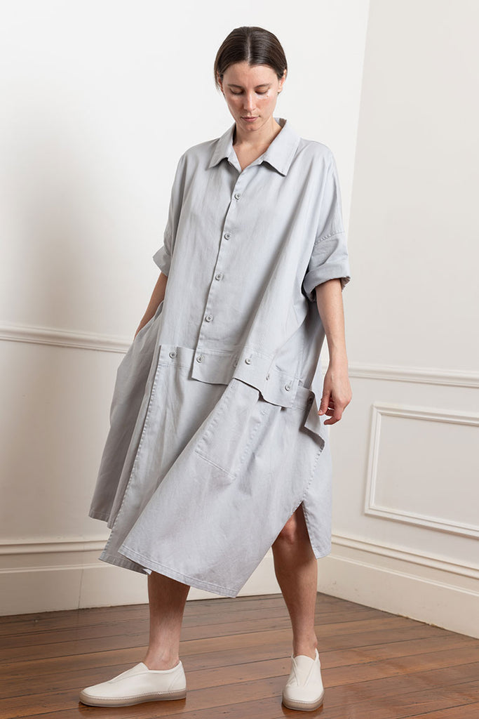 Asymmetrical Button Detailed Shirt Dress - Light Grey