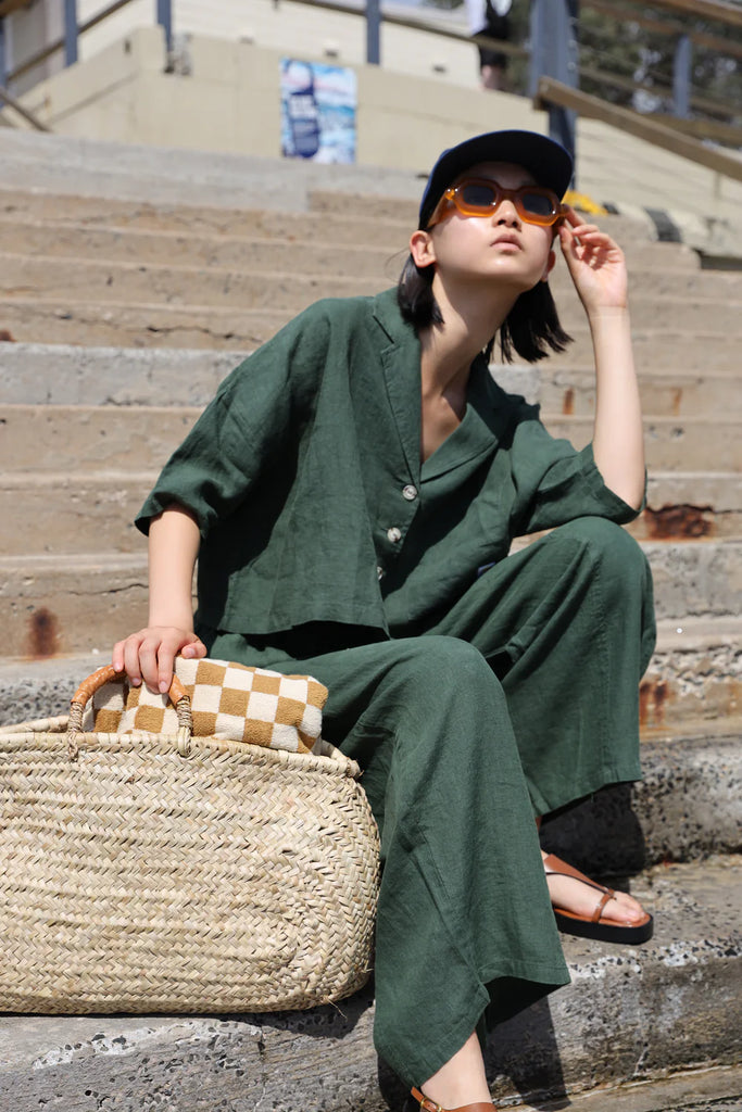 LF Markey green linen outfit. Short Sleeve shirt and elastic waist pants. 