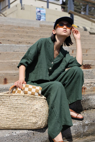 LF Markey green linen outfit. Short Sleeve shirt and elastic waist pants. 