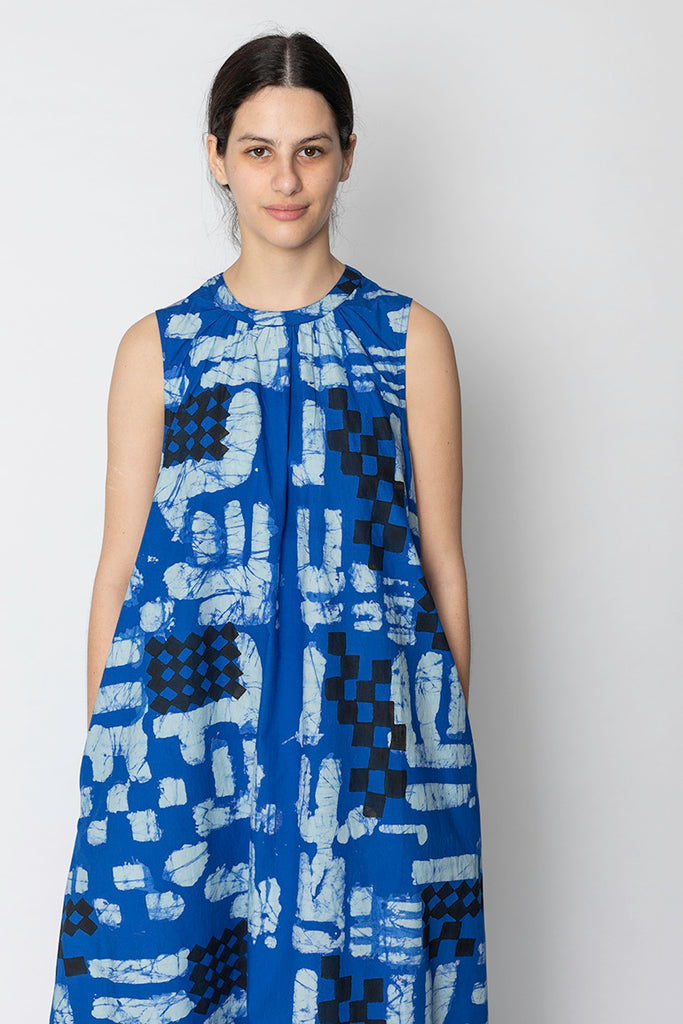 Batik Block Print Poplin Dress - Azurite Blue