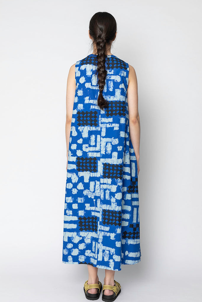 Batik Block Print Poplin Dress - Azurite Blue